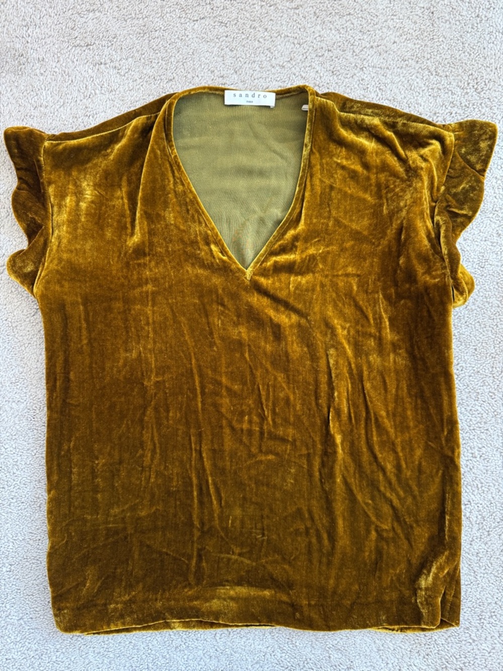 Sandro Velvet V-Neck Flutter Sleeve Top in Mustard Gold
